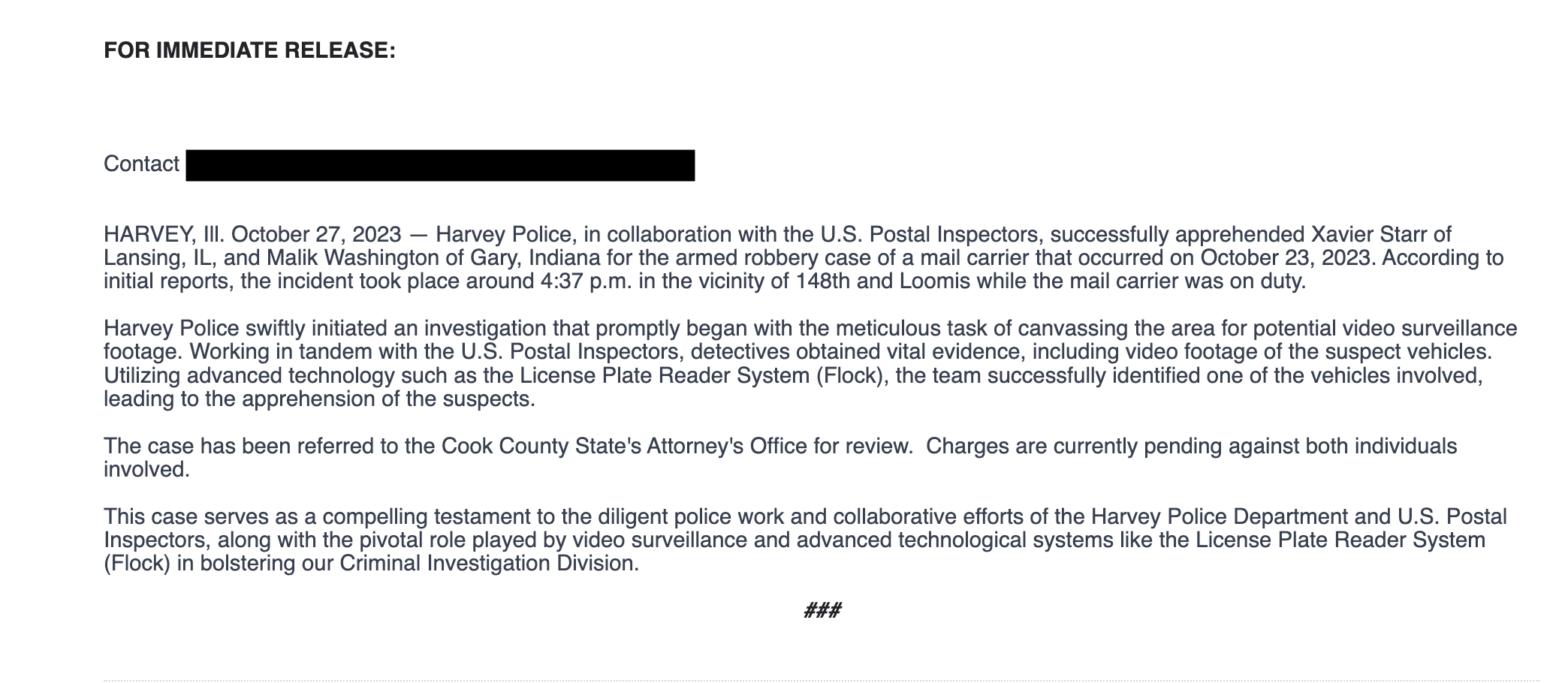 Arrest made in Harvey mail carrier robbery – Harvey World Herald